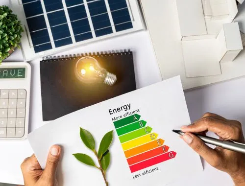 passoa segurando tabela com etiqueta de consumo de energia